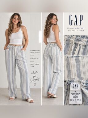GAP Women’s Medium Blue White Striped Pull-On Pants Coastal Linen Look